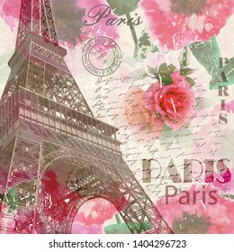 Paris vintage postcard with Eiffel Tower and roses on retro background. 