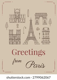Paris vintage postcard with Eiffel Tower Notre-Dame and Arc de Triomphe. Retro hand drawn doodle print for tourism branding and souvenir projects design. Line art poster.