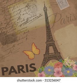 Paris vintage poster on nostalgic retro background with old post cards, letters and Eiffel Tower, vector illustration