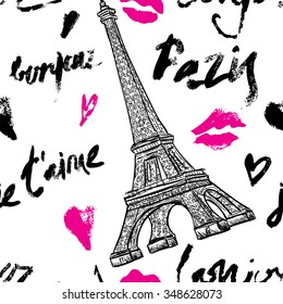 Paris. Vintage seamless pattern with Eiffel Tower and hand drawn lettering. Retro hand drawn vector illustration.