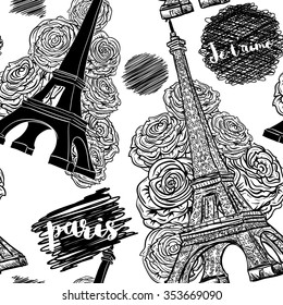 Paris. Vintage seamless pattern with Eiffel Tower, roses and ink scribbles. Retro black and white hand drawn vector illustration.