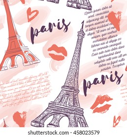 Paris. Vintage seamless pattern with Eiffel Tower, kisses, hearts and watercolor splashes. Retro hand drawn vector illustration.