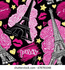 Paris. Vintage seamless pattern with Eiffel Tower, roses, kisses, hearts and stars with golden glitter foil texture. Vector illustration.