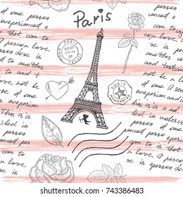 Paris. Vintage seamless pattern with Eiffel Tower, text, stamps and flowers roses. Retro hand drawn vector illustration background.