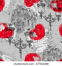 Paris. Vintage seamless pattern with Parisian house with balconies, lights, red heart and  and text. Retro hand drawn vector illustration.