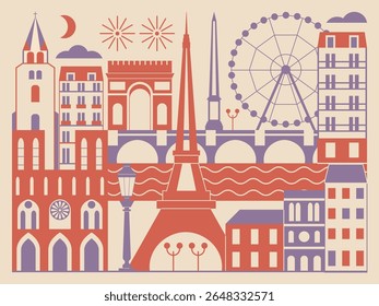Paris vintage travel card with famous architectural symbols of France. Retro design poster featuring cityscape with famous buildings as tower, churches, arch. European Old town architecture print.