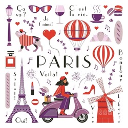 Paris Vintage Travel Elements Set With Woman Riding Scooter, Eiffel Tower, Retro Car And Fashion Cliparts. French Design Elements Collection Of Iconic Landmarks, Traditional Food And Cultural Symbols.