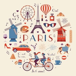 Paris Vintage Travel Illustration In Circle Shape With Air Balloons And People Riding Tandem Bicycle. French Tourism Design Elements, Landmarks And Popular Cultural Symbols.