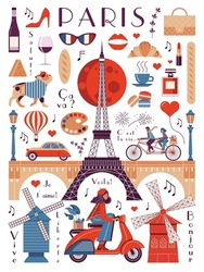 Paris Vintage Travel Poster With Woman Riding Scooter, Eiffel Tower, Retro Car And Fashion Cliparts. French Design Elements Collection Of Iconic Landmarks, Traditional Food And Cultural Symbols.