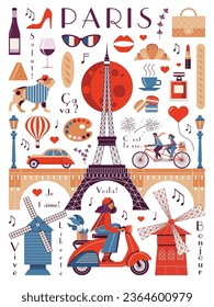 Paris vintage travel poster with woman riding scooter, Eiffel tower, retro car and fashion cliparts. French design elements collection of iconic landmarks, traditional food and cultural symbols.