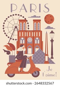 Paris vintage travel poster with woman riding scooter on background of Paris with famous landmarks. French city tourism retro post card with popular monuments and tourist attractions of France.