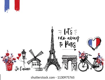 Paris vintage watercolor illustration card template. France capital romantic illustration in beautiful style. Vector sketches set on white background