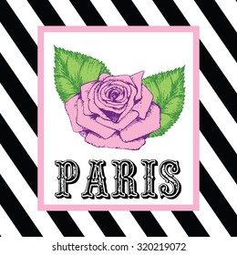 Paris voyage print slogan on diagonal striped background. For t-shirt or other uses, in vector.