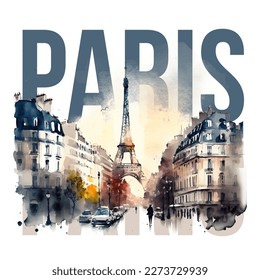 Paris watercolor eiffel t-shirt or poster design, france elf tower in paris watercolor vector illustration with transparent background in delicate colors modern art. graphics design for prints