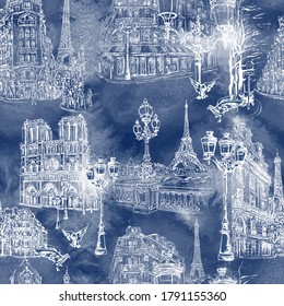 Paris - Watercolor seamless wallpaper. Parisian streets, Notre Dame, cafes and the Seine embankment overlooking the Eiffel Tower