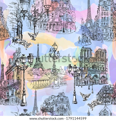 Paris - Watercolor seamless wallpaper. Parisian streets, Notre Dame, cafes and the Seine embankment overlooking the Eiffel Tower