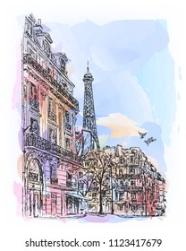 Paris - watercolor sketch. Parisian streets with houses, the Eiffel Tower, lanterns and street cafes