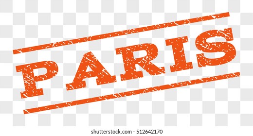 Paris watermark stamp. Text caption between parallel lines with grunge design style. Rubber seal stamp with unclean texture. Vector orange color ink imprint on a chess transparent background.