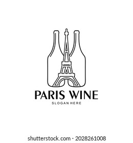 Logo del vino de París. Ilustración vectorial de la botella y la torre Eiffel. Perfecto para discotecas, bares y comunidades vinícolas en París