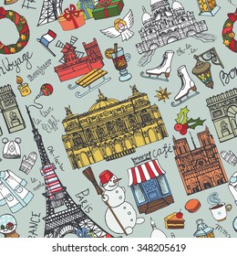 Paris winter seamless pattern.Landmark,lettering set,map.Vintage Hand drawn doodle sketchy,Eiffel tower,holiday season symbols.French good travel,hello,fashion.Eiffel tower.Vector background