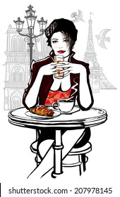 Paris - woman on holiday having breakfast at a terrace of a hotel - vector illustration