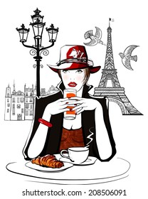 Paris - woman on holiday having breakfast at a terrace of an hotel - vector illustration