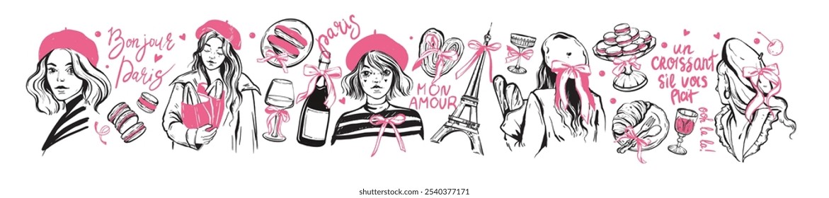 Paris conjunto de retrato mulher, mão desenhada vetor menina doodle em boina, francês saboroso garrafa de vinho de pastelaria. Coquetel caprichoso da França, baguete, macaroon, laço de fita. Esboço de mulher parisiense