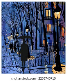 París, mujer caminando en Montmartre - ilustración vectorial (ideal para imprimir, afiche o papel tapiz, decoración de la casa) 
