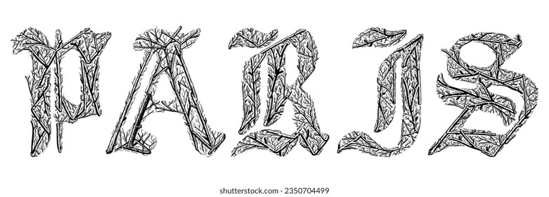 Paris word with branches hand drawing vector isolated on white background.