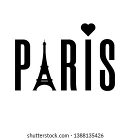 Paris word with eiffel tower isolated on white background. Black label or logotype. Clean and modern vector illustration for design, web.