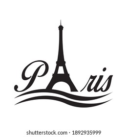 Paris word written with the Eiffel Tower which replace the "a" letter. Waves for the Seine river. Capital city of France. Vector illustration.