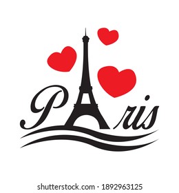 Palabra escrita en París con la Torre Eiffel que sustituye a la letra "a". Olas para el río Sena. Capital de Francia. Amar la ilustración de corazones rojos vectoriales de París.