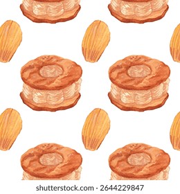 Paris-Brest and Madeleines Watercolor Pattern – Seamless French Bakery Design. Watercolor pattern. Seamless and soft-toned design ideal for cafe branding, textile prints, and digital packaging.