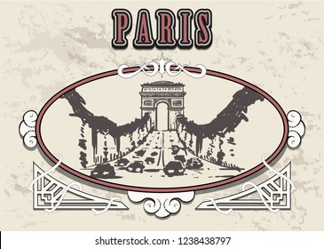 Paris,Champs Elysees  hand drawn sketch. Paris in a decorative vintage frame.