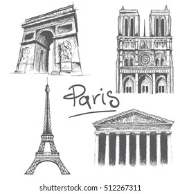 Parisian architecture.Notre Dame, Madeleine church, Triumphal Arch and Eiffel tower.Hand drawn style