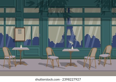 Parisian cafe with a terrace, the reflection of the Eiffel Tower in the windows. Vector.