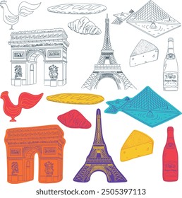 Encanto parisino: una Colección detallada del Vector de arte de los símbolos más emblemáticos de París: la Torre Eiffel, el Arco del Triunfo, el Louvre, el vino, el queso, la baguette, el cruasán y el gallo