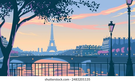 Parisian charm unfolds in this flat vector scene. Sunlight bathes the city, highlighting the iconic Eiffel Tower against a clear blue sky. The Seine River winds gracefully below