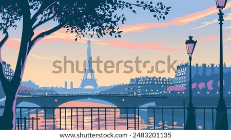 Parisian charm unfolds in this flat vector scene. Sunlight bathes the city, highlighting the iconic Eiffel Tower against a clear blue sky. The Seine River winds gracefully below