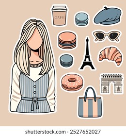 Parisian Chic Girl Trendy Sticker Vector Set