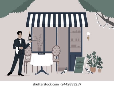 Parisian Elegance, A Waiter Serving at an Outdoor Cafe, An elegantly dressed waiter serves wine at a quaint French restaurant under string lights