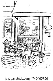 Parisian flowers shop exterior in ink isolated on white