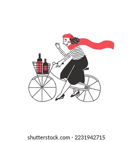 Parisian girl riding a bike. Chic french woman carries a basket with a bottle of wine in it. Mime girl wearing beret and scarf vector hand drawn illustration in flat style svg