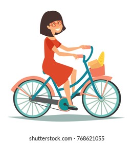 Parisian girls on the bike vector illustration. Cute cartoon card about cycling. Young woman on bicycle's basket with baguette.  Isolated on white background