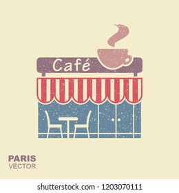 Parisian street cafe. Vector flat icon with scuffing effect