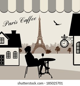 Parisian street restaurant with views of the Eiffel Tower, vector illustration