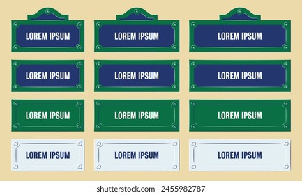 Pariser Straßenschilder, unterschiedlich große Namensschilder-Kollektion, grüne, weiße und blaue Pariser Allee-Tafel. Berühmte City Design Details