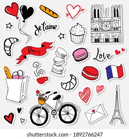 Parisian symbols stickers set. A romantic trip to Paris. Baguette, croissant, macaroon, bicycle. Embroidery design. Tourist souvenir. The Eiffel Tower. 
Letters With Je T'aime Means I love you