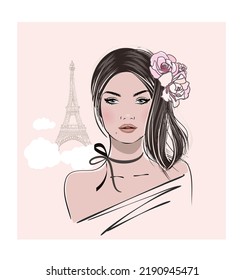 Parisian trendy girl with flowers, fashion illustration