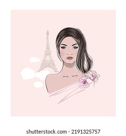 Parisian trendy girl with flowers, fashion illustration